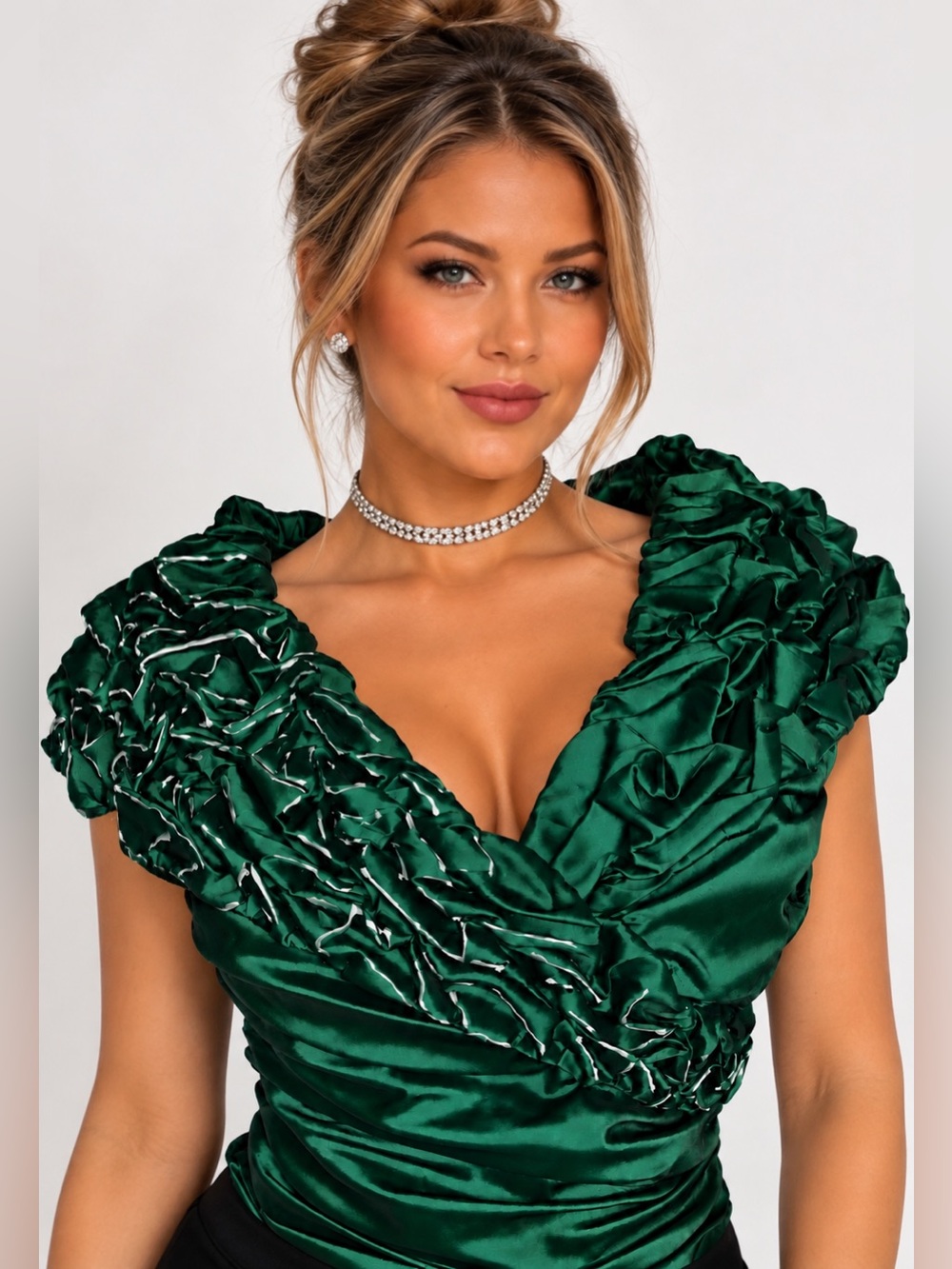 Y2K VTG Caché Emerald Green Ruched Satin Blouse Size 4